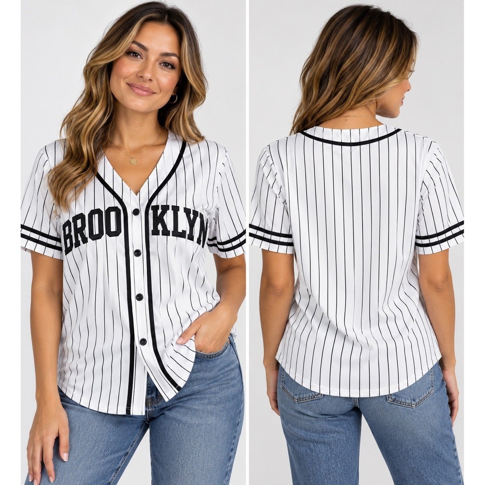 Refuge Athletics Brooklyn Women's Baseball Jersey Medium White Black Pinstripe